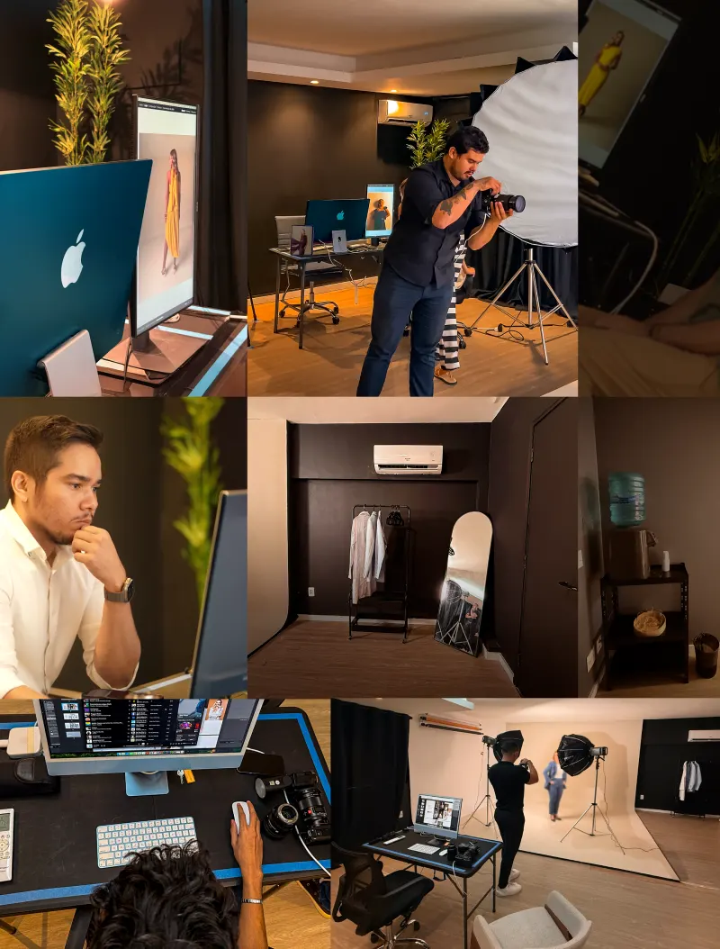 Bastidores do estúdio: tratamento de foto no computador, fotógrafo em ação, camarim com arara e set montado